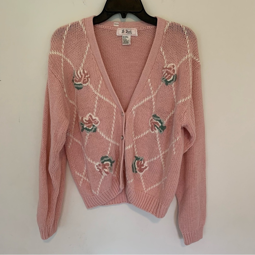 Women’s Vintage Lee David‎ Rose Floral Knit Cotton Grandma Sweater Blush Pink L